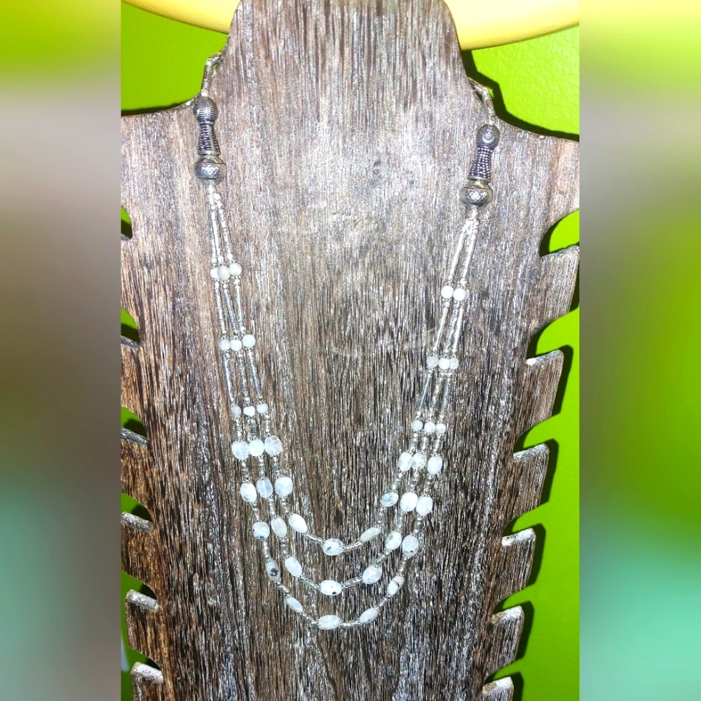Beaded Moonstone Triple Strand Necklace